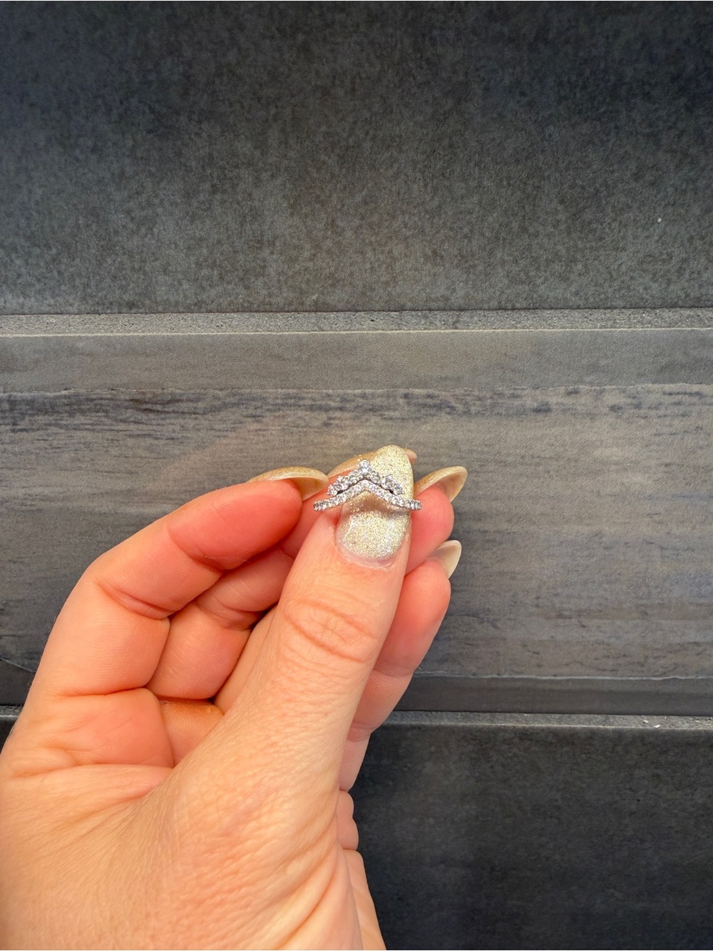 Delicate Silver Chevron Diamond Ring - White